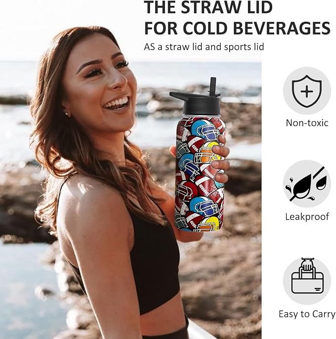 32 oz Football Water Bottle Insulated Vacuum Stainless Steel Sports Water Bottle with 2 Lids (Straw and Spout Lid) for Gym Camping Hiking