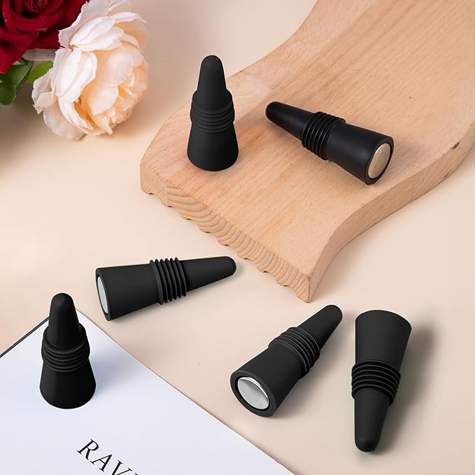 6 PCS Black Silicone Wine Stoppers with Threaded Seal Ring and Stainless Top - Suitable for Wine and Beverage Bottles - Keeping Wine or Beverage Fresh…
