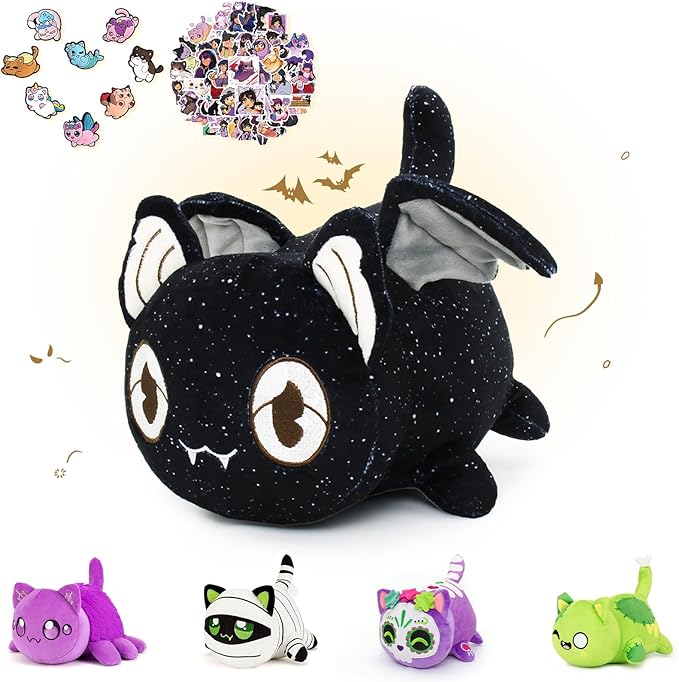 69-PCS 丨 11-inches Bat Cat Plush + 60-Sticker + 8-Pcs Shoe Charms - Ghost Cat Collection - 100% Embroidered Plushie - Cat Stuffed Animal Collectible (Bat Cat)
