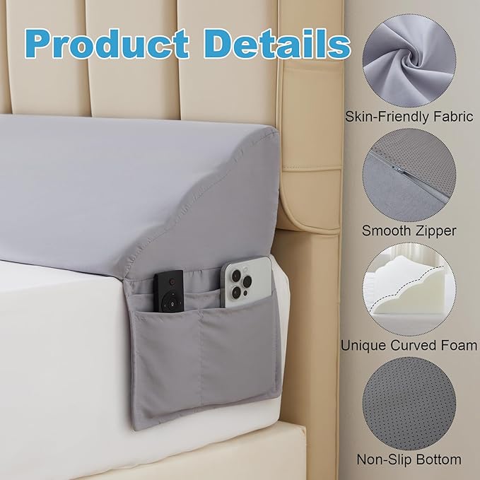 King Bed Wedge Pillow for Headboard, Foam Pillow Wedge for Headboard Gap, Mattress Bed Gap Filler King, Triangle Pillow Wedge, Anti-slip Bed Crack Pillow Space Filler King (76"×10"×6") Grey