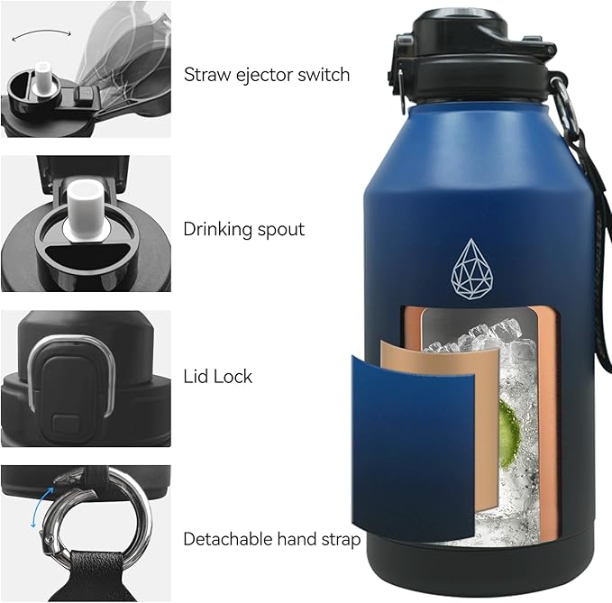 64 oz Insulated Water Bottle With Straw Pop-up & Auto Spout Lid, Flex Handel, Waterbottle Strap Carrier, Half Gallon Stainless Steel Water jug (Indigo Gradient)