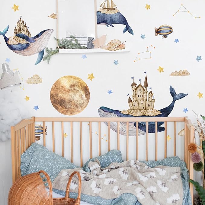 Ocean & Space Whale Wall Sticker - Colorful Watercolor Art, Easy to Apply