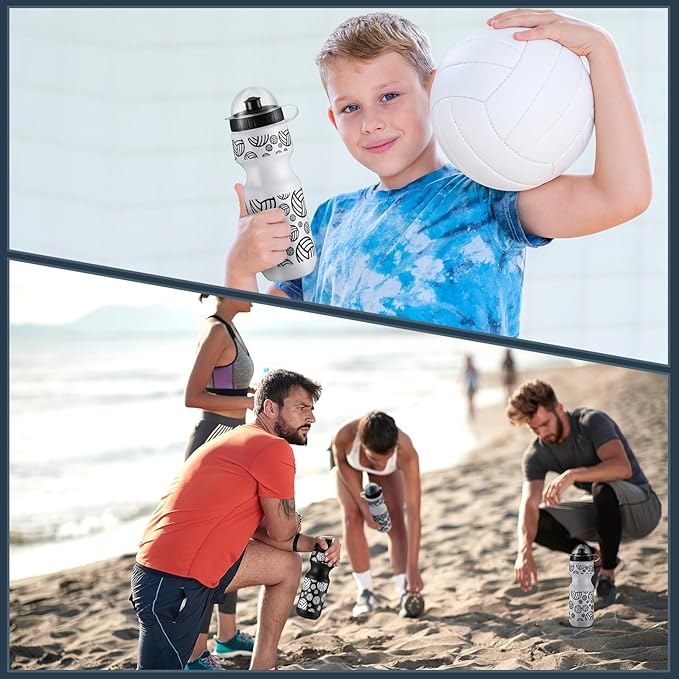 24 Pcs 24 oz Volleyball Water Bottle Bulk and Drawstring Bag Set 12 Reusable Plastic Biking Water Bottle Tumbler 12 Sport Gym Goodie Gift Bag for Party Favor (Black)