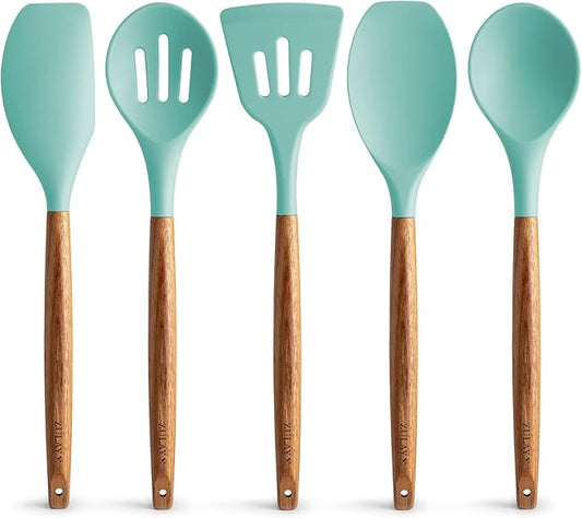 Zulay Non-Stick Silicone Cooking Utensils Set with Authentic Acacia Wood Handles - 5 Piece Silicone Kitchen Utensils Set (Aqua)