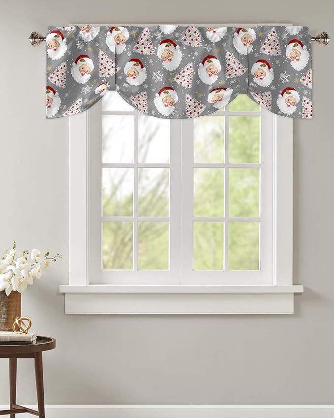Grey Christmas Blackout Tie Up Valance Curtains for Kitchen Windows Santa Claus Merry Christmas Tree Window Toppers Balloon Shades for Living Room/Bathroom/Bedroom,1 Panel, 60" X 18", Winter Snowflake
