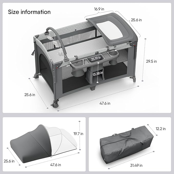 4 in 1 Baby Bassinet, Pack and Play, Bedside Crib Sleeper, Diaper Changer - Comes with Mattress, Mosquito Net,Bottom Storage and Toy Bar for Newborn to Toddles