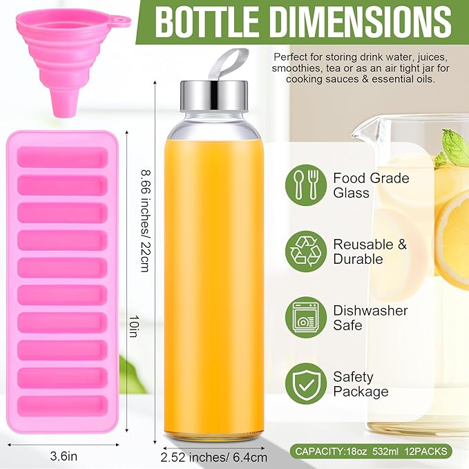 Vesici 12 Set 18 oz Clear Glass Water Bottles with Lids Reusable Glass Juicing Bottles with Colorful Protection Sleeve and Stainless Steel Leak Proof Lids for Milk Smoothie Juice Beverage Tea
