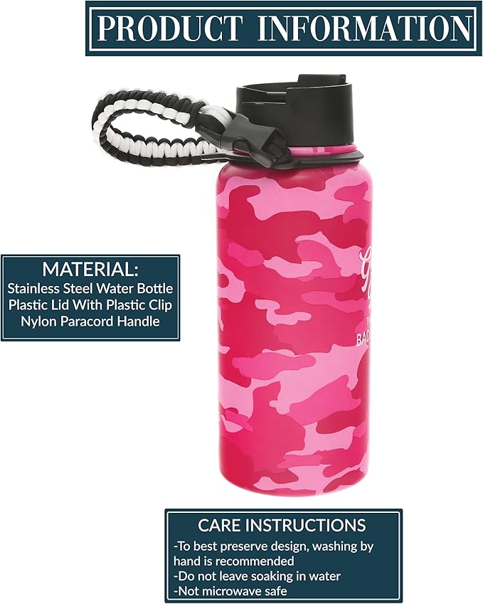 Pavilion - Good Mom 32 oz. Stainless Steel Water Bottle, Double Wall Tumbler Flask with Paracord Handle, Sports Water Cup, Gift For Mom, Mothers Day Gifts, Camouflage Bottle, 1 Count, Pink