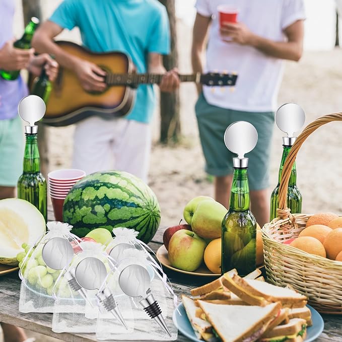 36 Sets Wine Stopper for Wine Bottles Wedding Wine Stopper Champagne Bottle Stoppers Beverage Bottle Stoppers with White Sheer Organza Bags Wedding Party Favor for Guests (Silver)