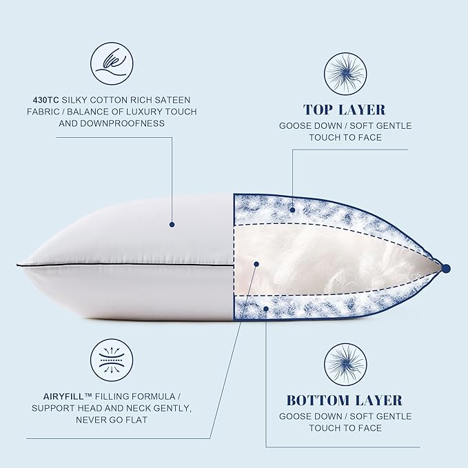 Goose Down Pillows Queen Size Set of 2, Luxury Hotel Collection Bed Pillow 2 Pack, Airyfil™ Powered Fillings & Feather Pillow,Soft Fluffy for Side, Back, Stomach Sleepers 20"x30"
