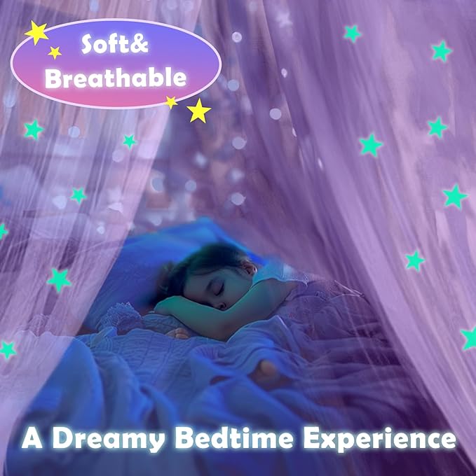 Daksha Purple Princess Bed Canopy for Girls with Glowing Stars, Ceiling Tent for Kids, Fits Twin, Full, and Queen Size Beds, Suitable for Indoor Room Decor and Outdoor Use