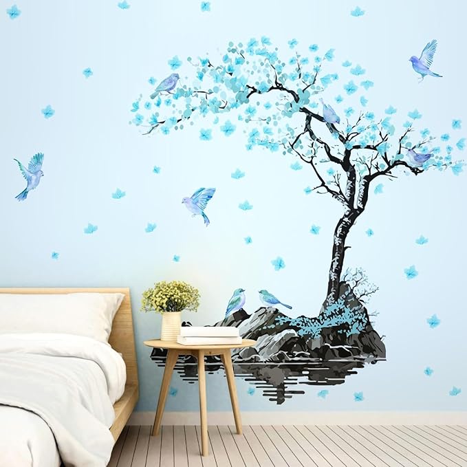 Large Flower Tree Wall Decals Blue Blossom Floral Wall Stickers Peel and Stick Wall Art Mural for Girls Bedroom Living Room Watercolor Bird Tree Branch Wall Stickers for Kitchen TV Background Decor