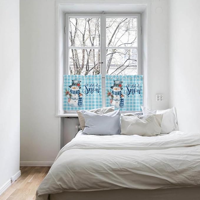 Snowman Christmas Kitchen Curtains and Valances Set, Let It Snow Winter Holiday Windows Treatments Tiers Short Curtains for Small Windows Cafe /Living Room/ Bedroom 54x36 in Blue White Buffalo Plaid