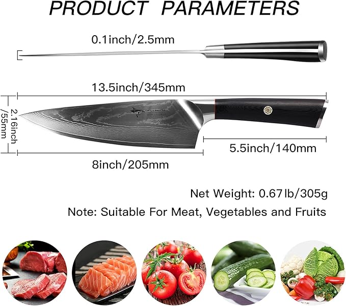MAD SHARK Ultra Sharp Chef Knife, 8 inch Professional Kitchen Knife, Made of Super Damascus Stainless Steel, Non-stick Blade Chopping Knife with Ergonomic Handle, Finger Guard & Gift Box