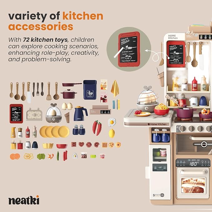 72-Piece Kids Play Kitchen Set: 27.16 x 10.62 x 36.61 Inches, Interactive Features, Realistic Design, and Educational Fun for Ages 3 and Up (Light Brown 72)
