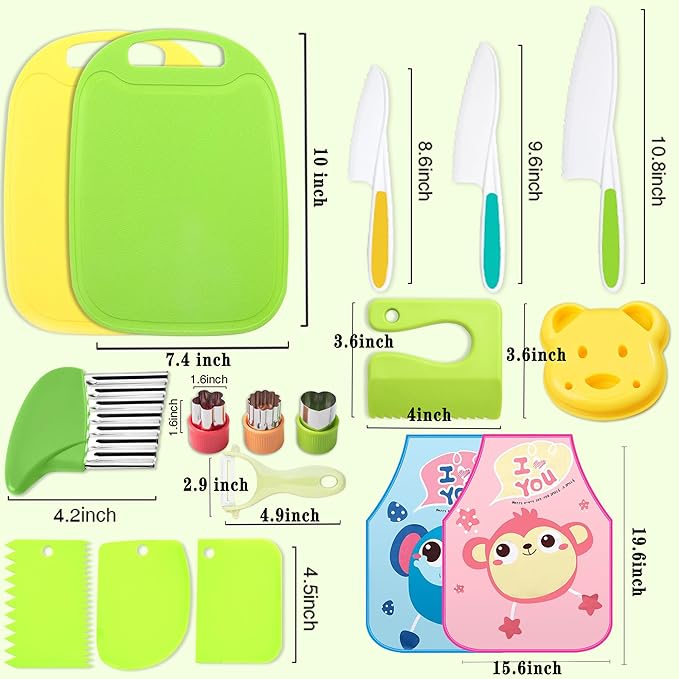 17Pcs Montessori Kitchen Toddler Knife Set Kids Knife Set for Real Cooking-Kids Kitchen Tools Set for Real Cooking for for 2/3/4/5/6/7/8/9/10/11/12 Year Old, for Toddler Birthday Gift