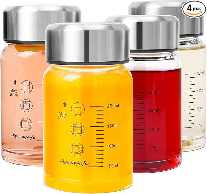 Glass Juice Bottles 4 Pack 10 oz - Wide Mouth Glass Water Bottles with Lids - for Juicing, Smoothies, Milk, Protein, BPA Free, Reusable, Stainless Steel Lids, Leak Proof, Shaker bottle (10oz/300ml)