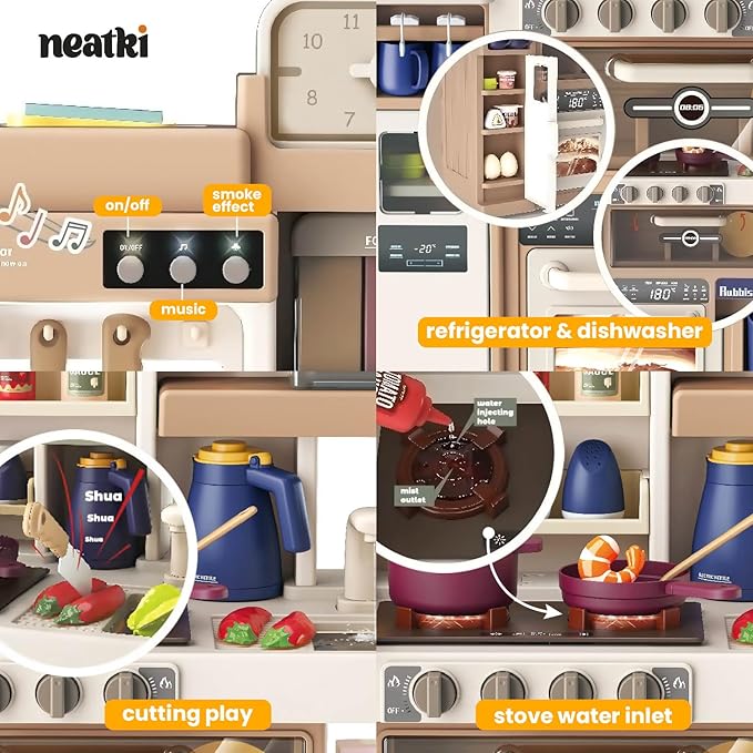 72-Piece Kids Play Kitchen Set: 27.16 x 10.62 x 36.61 Inches, Interactive Features, Realistic Design, and Educational Fun for Ages 3 and Up (Light Brown 72)