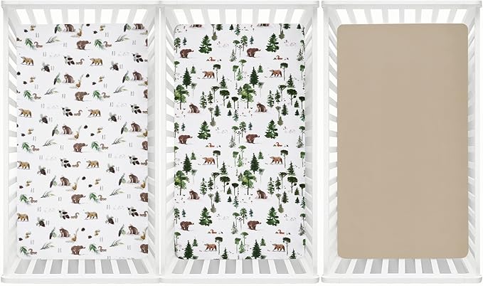 3 Pack Fitted Crib Sheets, Ultra Soft Breathable Comfortable Baby Sheet Set for Boys Girls Neutral, 28x52 Inch Fits Standard Crib and Toddler Mattresses, Woodland Animals