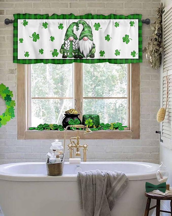 Gnome St. Patrick's Day Kitchen Curtains Valances for Windows Buffalo Plaid Shamrock Rod Pocket Window Treatment for Kitchen /Living Room/Bedroom/ Bathroom, 60" X 18", Seasonal Spring Holiday