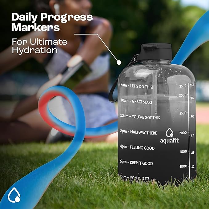 AQUAFIT 1 Gallon Water Bottle with Time Marker - BPA Free 128 oz Water Bottle with Straw, Gym Water Bottle with Handle, 1 Gallon Water Jug, Big Water Bottle, Large Water Bottle (White)