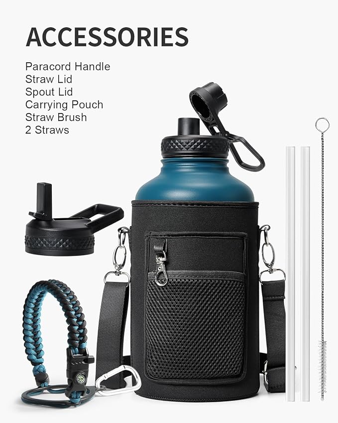 64 oz Insulated Water Bottle,Half Gallon Water Flask Stainless Steel Vacuum, Cold for 48 Hrs,BPA-Free & Leakproof -with Paracord Handle, Strap,Straw Spout Lids,Large Jug for Gym,Indigo Black