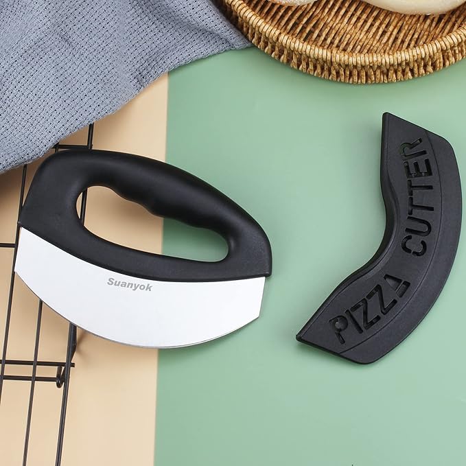 Premium Pizza Cutter Food Chopper-Super Sharp Blade Stainless Steel Pizza Cutter Rocker Slicer with Protective Sheath Multi Function Pizza Knife Kitchen Tools,Dishwasher Safe (Black)