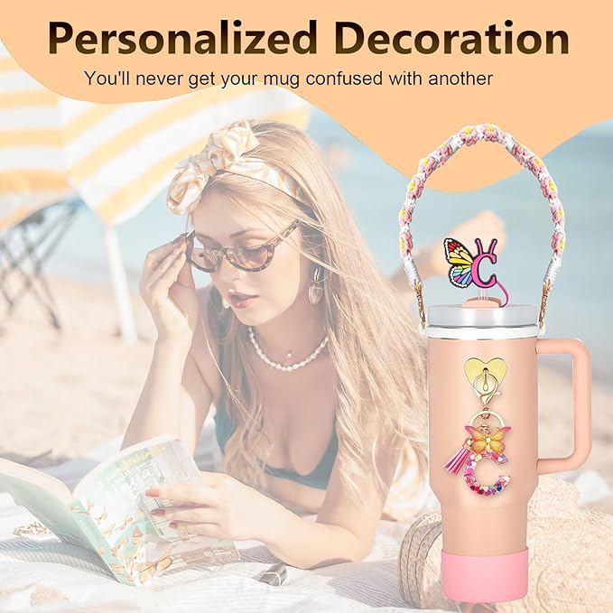 SPORCLO Stanley Cup Accessories Include Silicone Stanley Straw Cover, Butterfly Letter Keychain Charms, Water Bottle Handle Strap, Boot and Chain for Stanley Cup 30oz 40oz Tumbler