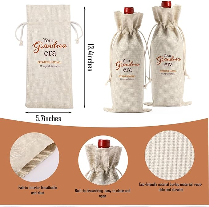 Grandma Wine Bag, New Grandma Gifts, Grandma to Be Gifts, Pregnancy Baby Announcement Gifts for Grandma, Your Grandma Era Starts Now Wine Bag