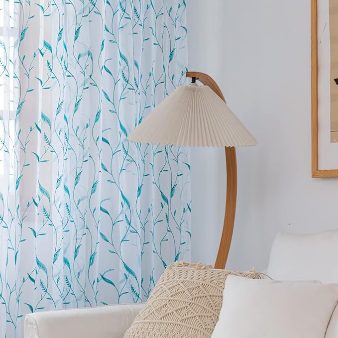 Windows Sheer Curtains Embroider Green Leaf 63 Inches Length 2 Panels Voile Light Filtering Sheer Curtains Panel Basic Rod Pocket for Bedroom Living Room Children Room