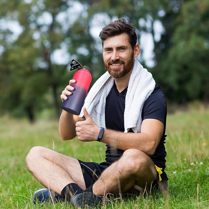 32oz Insulated Water Bottle with 3 Lids(Straw, Hand and Spout Lid), Double Vacuum Stainless Steel Metal Water Flask(BPA-free, CPC) for Sports, Camping, Hiking, Cycling, Fitness and more(Dark Rainbow)