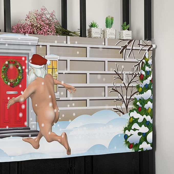 Christmas Farmhouse Kitchen Curtains Valances for Windows Funny Santa Claus Rod Pocket Window Treatment for Kitchen/Living Room/Bedroom/Bathroom,60" X 18" -1 Panel, Holly Xmas Tree