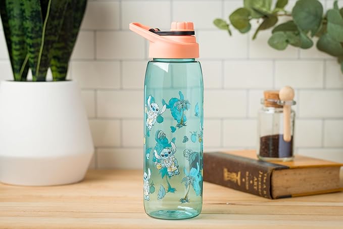 Silver Buffalo Disney Lilo and Stitch Tropical Water Bottle with Screw-on Lid Featuring Stitch, 28 Ounces