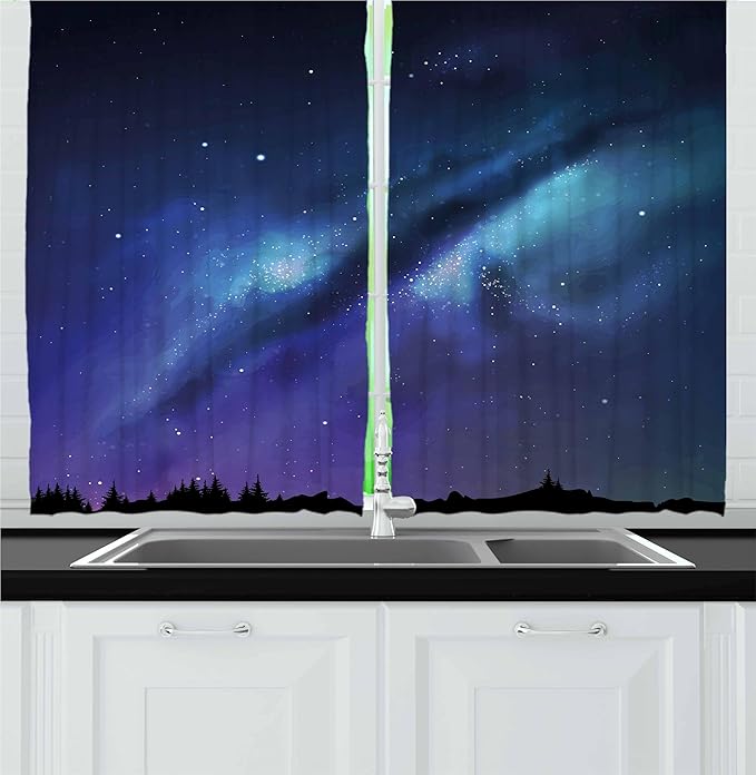 Ambesonne Night Kitchen Curtains, Milky Way Inspired Nebula Cluster Galaxy Cosmos Constellation, Window Drapes 2 Panel Set for Kitchen Cafe Decor, 55" x 24", Blue Black