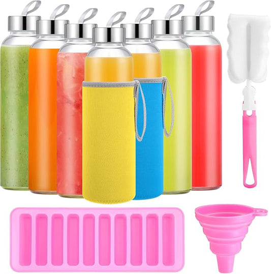 Vesici 12 Set 18 oz Clear Glass Water Bottles with Lids Reusable Glass Juicing Bottles with Colorful Protection Sleeve and Stainless Steel Leak Proof Lids for Milk Smoothie Juice Beverage Tea