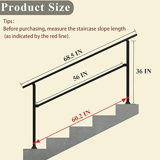 Stair Railing Indoor Outdoor, 68.5" x 36" Fits 4-5 Steps Stair Handrail, Metal Black Railings for Porch Deck Railing, Easy Install Stair Handrail for Home and Commercial Use(1 Pack)