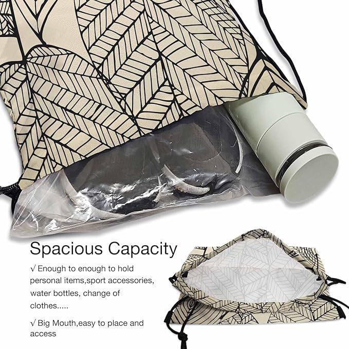 Drawstring Backpack Bag Black Texture Leaf Autumn Beige Seamless Stylized Leaf Pattern Lightweight Backpack Soccer Ball Bag Sutiable for Sports Beach Short Travel Stroage 14x16.9 Inch