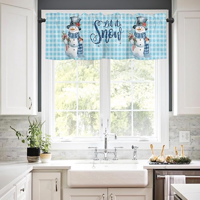 Snowman Christmas Valance Curtains for Kitchen Windows Let It Snow Winter Holiday Rod Pocket Window Treatment Toppers for Kitchen/Living Room/Bedroom/Bathroom, 42" X 12", Blue White Buffalo Plaid
