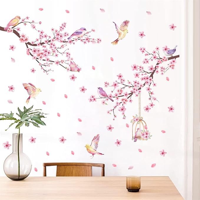 Cherry Blossom Wall Decal Peel and Stick Wall Art Decals Pink Flower Wall Decals Tree Branch Birds Wall Stickers Spring Cherry Flowers Wall Decals for Living Room Bedroom Kitchen Nursery Window Decor