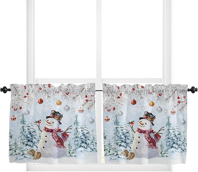 Snowman Kitchen Curtains and Valances Set, Blue Merry Christmas Tree Red Balls Squirrel Windows Treatments Tiers Half/Short Curtains for Small Windows Cafe /Living Room/ Bedroom 54x36 in Winter