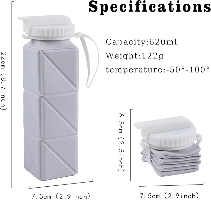 EOBTAIN Collapsible Watter Bottle for Traveling Grey Silicone Foldable Water Bottles with Straw,Portable Lightweight and BPA Free Reusable Water Bottle Cup for Camping Hiking,Leakproof