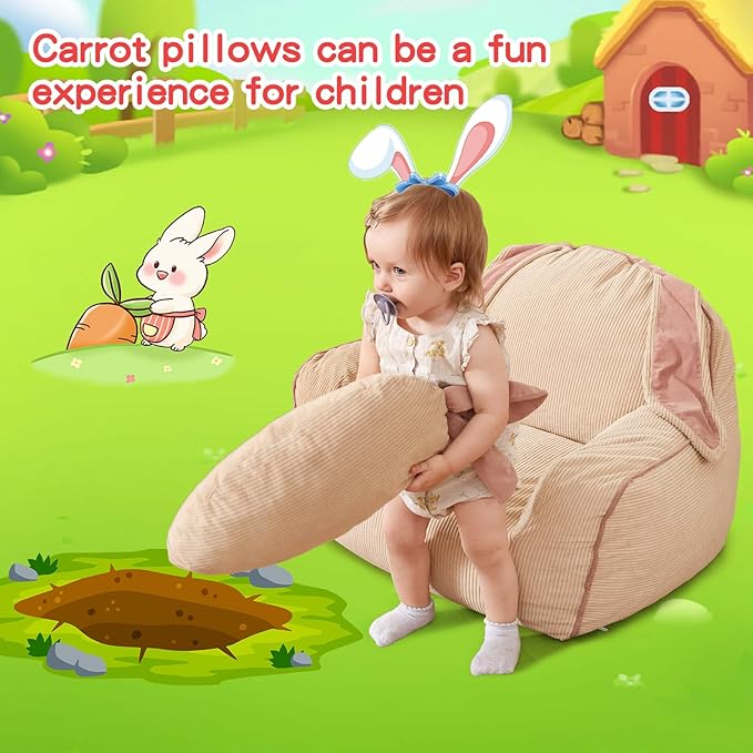 Rabbit Toddler Sofa, Toddler Bean Bag Chair with Carrot Pillow, Corduroy Kids Armchair, Comfortable Toddler Chair for Boys and Girls