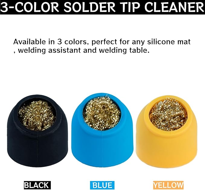 Kaisiking Soldering Iron Tip Cleaner 3Pcs Soft Coiled Brass Tip Cleaner with Silicone Holder Non-slip Solder Tip Cleaners, No Water Needed, Black