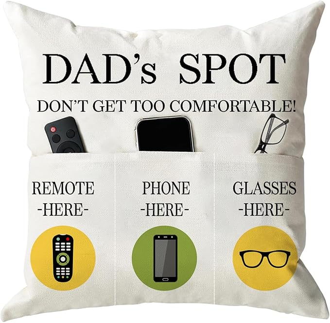 Father's Day Throw Pillow Case, Dad's Spot Throw Pillow Covers 18 x 18 Inch,Dad Gifts from Daughter Son,Birthday Christmas Thanksgiving Day Gifts for Papa Stepdad ,3-Pocket