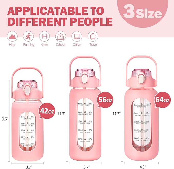 kytffu 56oz Glass Water Bottles with Straw, Motivational Glass Bottle with Silicone Sleeve and Time Marker, Leakproof Large Glass Water Jug for Gym Home Office,Pink