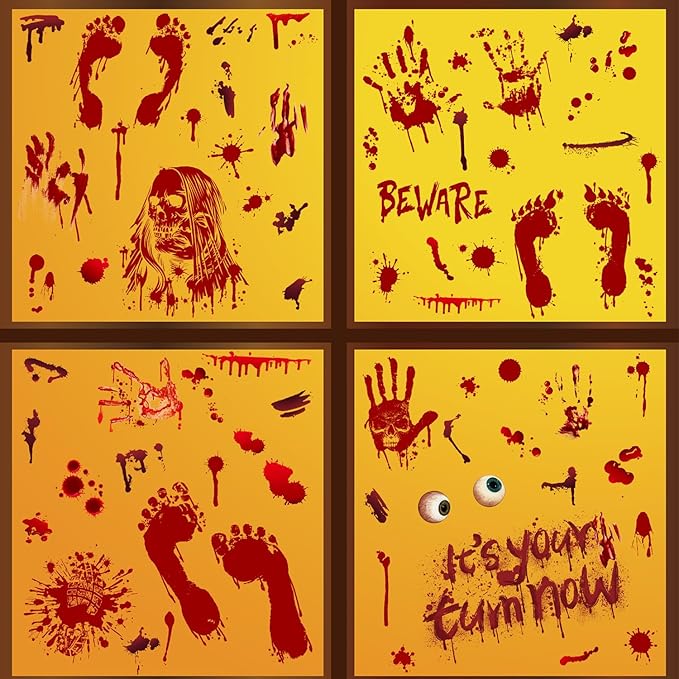 Halloween Horror Blood Seal Window Clings Stickers Decoration Bloodstain Skull Footprint Design Halloween Window Cling Decal Double Sided Static Removable Halloween Glass Window Stickers Supplies