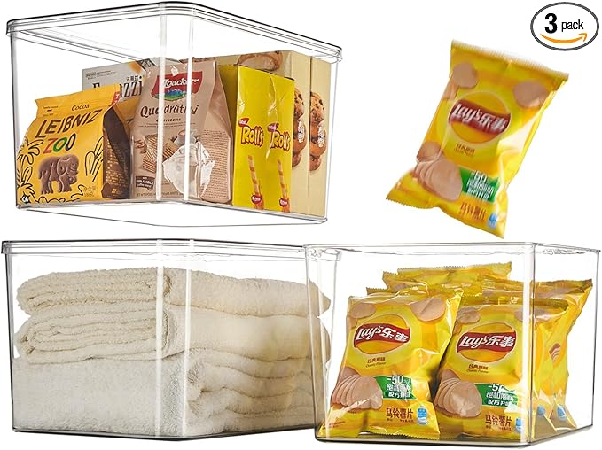 Clear plastic storage bins with LIDS-3packs,storage containers for snacks, cosmetics, books, dog food, Storage Organizer for Nursery,Kitchen, Living room,Bedroom, Bathroom, Office
