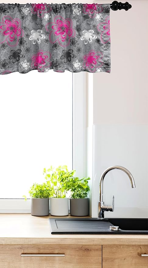 Ambesonne Vintage Floral Window Valance, Vibrant Colored Free Hand Drawing Style Blossoms Antique Retro, Curtain Valance for Kitchen Bedroom Decor with Rod Pocket, 42" x 18", Hot Pink Black Grey