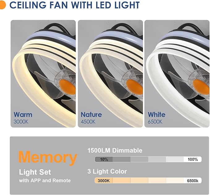 Flush Mount Ceiling Fan with RGB Light - 13“ Small Bladeless Ceiling Fan Light with Reversible Mute Motor, RGB LED Dimmable, Low Profile Enclosed Ceiling Fans for Indoor, Kids Room, Party