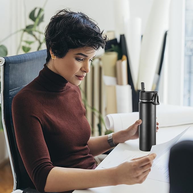 Volhoply 24oz Insulated Water Bottle With Straw Bulk 3 Pack,Metal Wide Mouth Water Bottles With Handle Lid Keep Cold,Reusable Double Wall Thermos,Powder Coated Sport Bottle For Holder(Mix,3 Count)